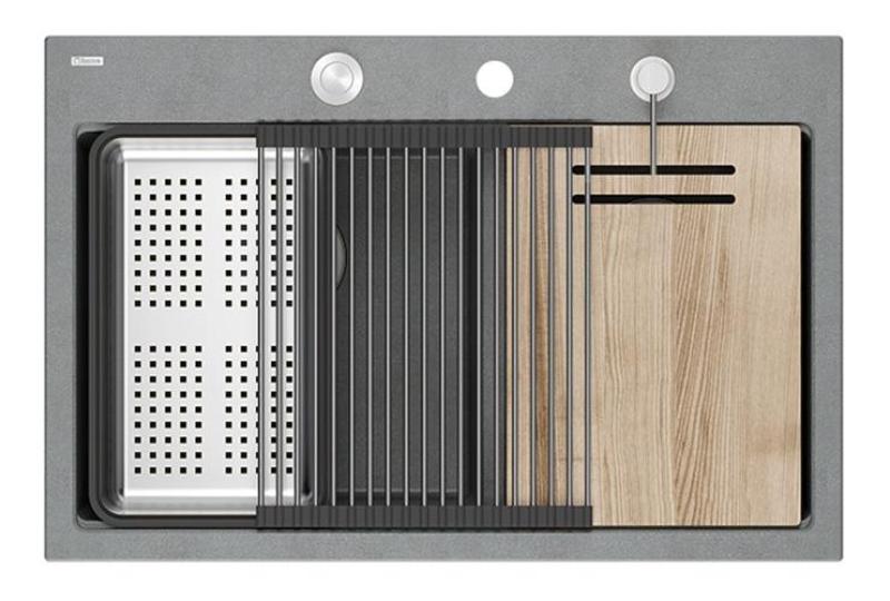 Quadri Hard Rock Double Évier en Granit Gris 76x50 cm avec Bouchon en Inox et Accessoires 1208971400