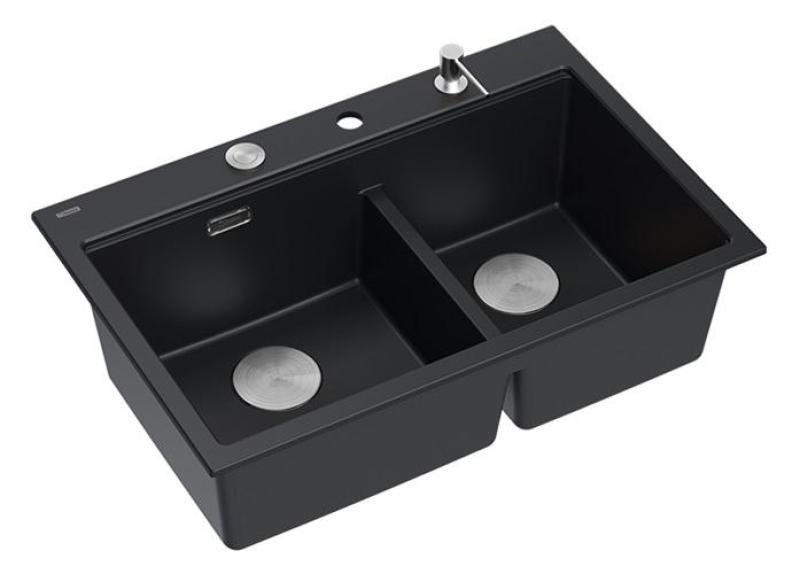 Quadri Hard Rock Double Évier en Granit Noir 76x50 cm avec bouchon en inox et accessoires 1208971401