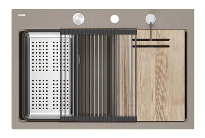 Quadri Hard Rock Double Taupe Granit Évier de surface 76x50 cm avec bouchon en inox et accessoires 1208971402