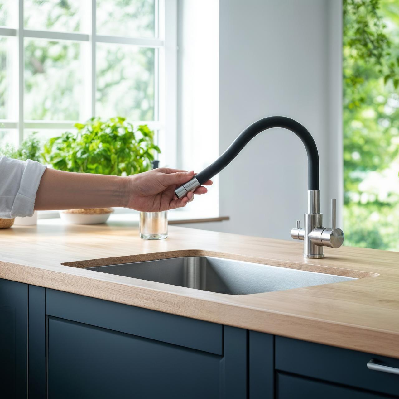 Robinet de cuisine Quadri Selene en inox à 3 voies avec bec flexible et connexion supplémentaire pour eau filtrée 1208971407