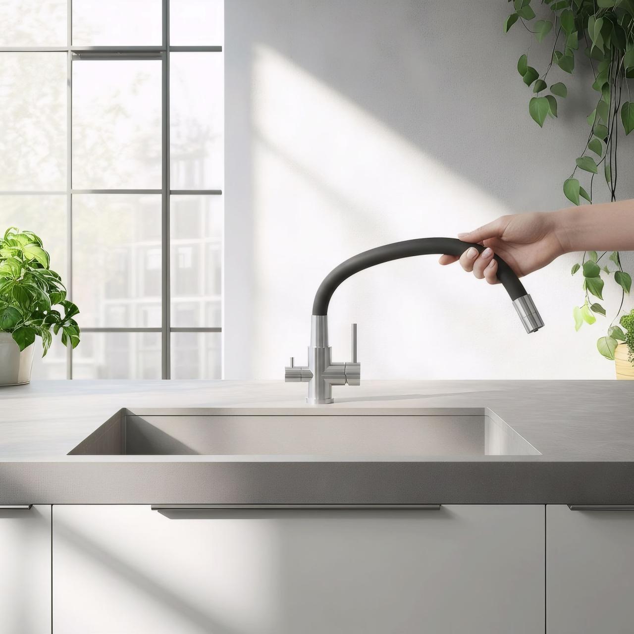 Robinet de cuisine Quadri Selene en inox à 3 voies avec bec flexible et connexion supplémentaire pour eau filtrée 1208971407