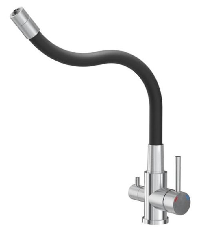 Robinet de cuisine Quadri Selene en inox à 3 voies avec bec flexible et connexion supplémentaire pour eau filtrée 1208971407