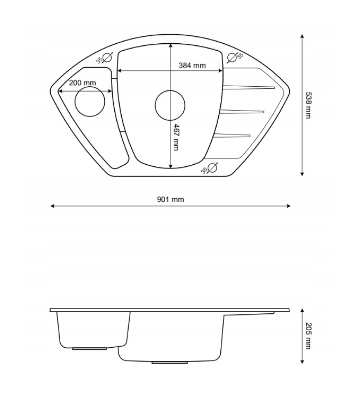 Graniteland Monte Évier d'angle en granit gris à poser 901x538mm avec bouchon en inox 1208971416