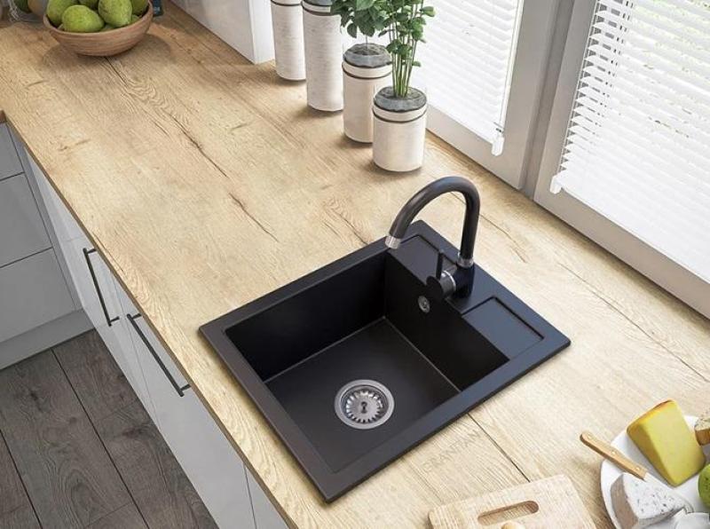 Graniteland Prest Évier en granit noir Tapwing avec trou de robinet en surface 400x500mm avec bouchon en inox 1208971421
