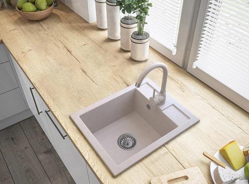 Graniteland Prest Évier en granit beige Tapwing avec trou pour robinet encastré 400x500mm avec bouchon en inox 1208971422