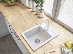 Graniteland Prest Évier en granit blanc Tapwing avec trou pour robinet, montage en surface 400x500mm avec bouchon en inox 1208971424