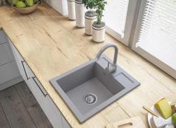 Graniteland Prest Évier en granit gris Tapwing avec trou pour robinet, montage en surface 400x500mm avec bouchon en inox 1208971425