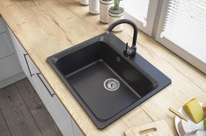 Graniteland Vastone Évier en granit 619x522 mm Look pierre bleue Montage avec banque de trous pour robinet et bouchon en inox 1208971442