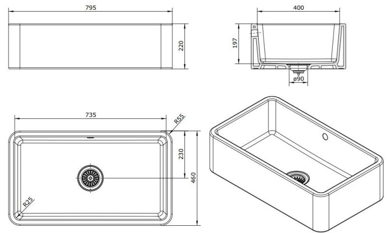 Ausmann Ceramic Mira Évier en céramique blanc - Sous-meuble et intermédiaire 795 x 460 mm avec bouchon en métal de canon 1208971468