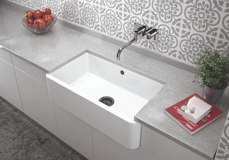 Ausmann Ceramic Mira Évier en céramique blanc - Sous-meuble et intermédiaire 795 x 460 mm avec bouchon en métal de canon 1208971468