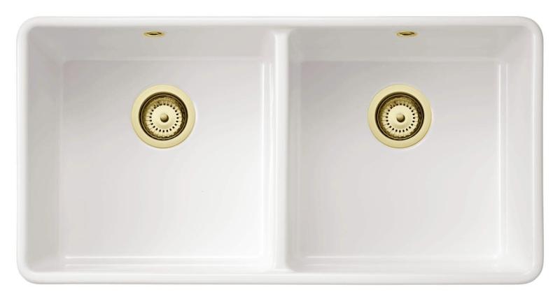 Ausmann Ceramic Mira Évier Double en Céramique Blanc - Sous-Montage et Semi-Encastré 890 x 456 mm avec Bouchons Dorés 1208971471
