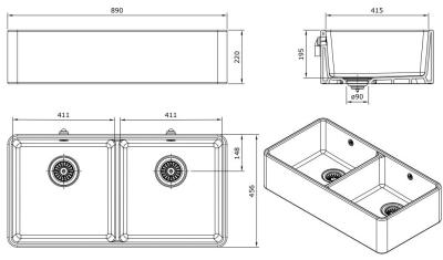 Ausmann Ceramic Mira Évier Double en Céramique Blanche - Sous-structure et Intercalaire 890 x 456 mm avec Bouchons Blancs 1208971475