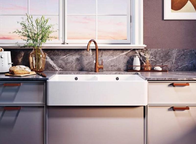 Ausmann Ceramic Mira Évier Double en Céramique Blanche - Sous-structure et Intercalaire 890 x 456 mm avec Bouchons Blancs 1208971475