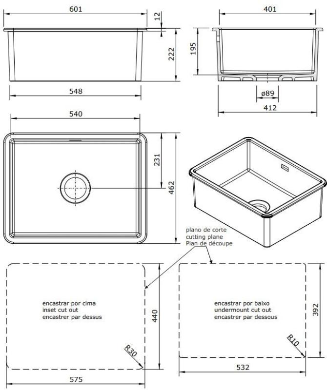 Ausmann Ceramic Ember Évier en céramique blanc - Montage en surface et sous plan 54 x 40 cm avec bouchon noir 1208971494