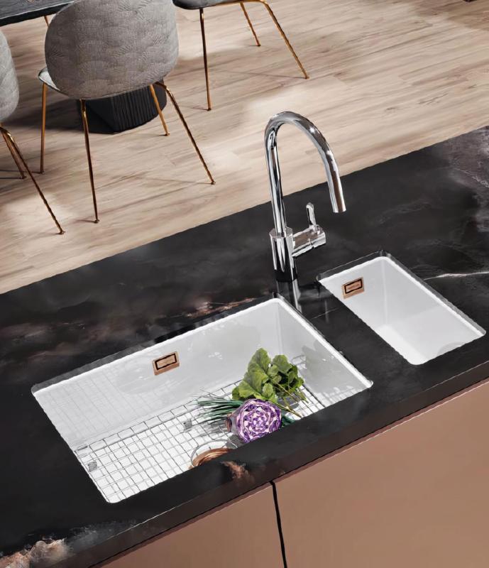 Ausmann Ceramic Ember Évier en céramique blanc semi-encastré et sous plan 174 x 400 mm avec bouchon en cuivre 1208971502