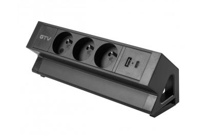 Prise de meuble Basco, 3 x prise avec mise à la terre, USB A+C, câble de 1,5 m, noir avec montage
