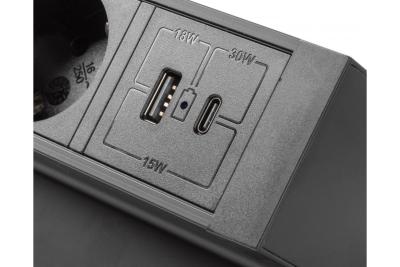 Prise de meuble Basco, 3 x prise avec mise à la terre, USB A+C, câble de 1,5 m, noir avec montage