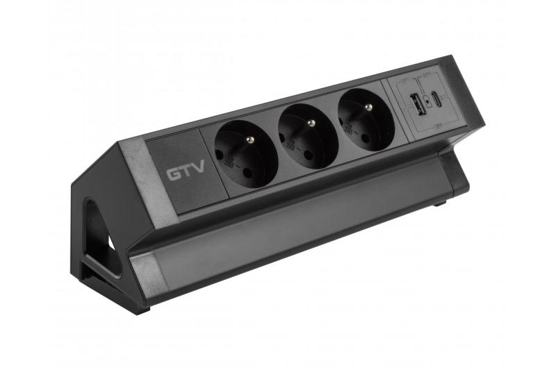 Prise de meuble Basco, 3 x prise avec mise à la terre, USB A+C, câble de 1,5 m, noir avec montage