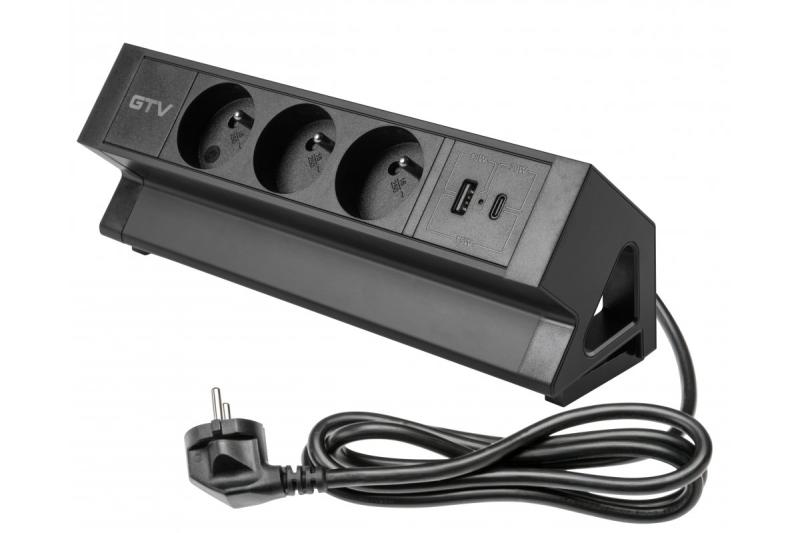 Prise de meuble Basco, 3 x prise avec mise à la terre, USB A+C, câble de 1,5 m, noir avec montage