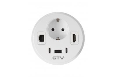 Prise de meuble RONDO, 1xSHUKO, 1xUSB-A, 2xUSB-C, HDMI, câble RJ45 1,5 m, blanc
