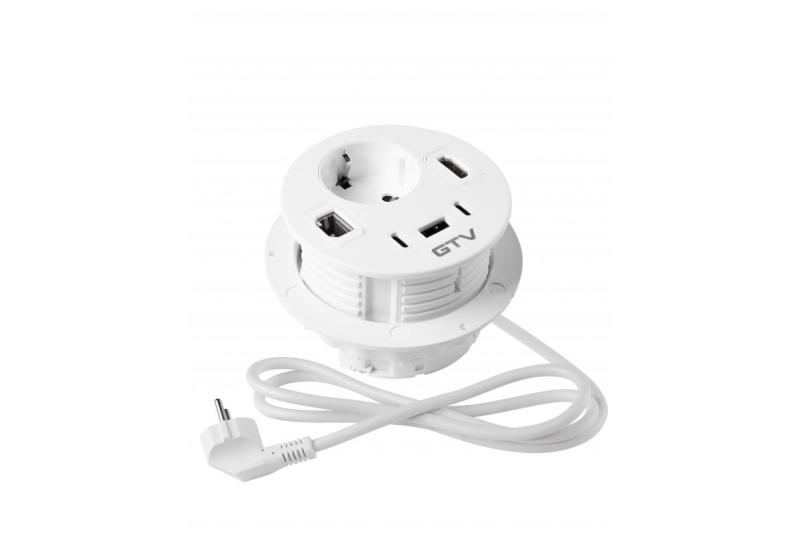 Prise de meuble RONDO, 1xSHUKO, 1xUSB-A, 2xUSB-C, HDMI, câble RJ45 1,5 m, blanc