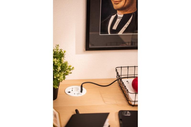 Prise de meuble RONDO, 1xSHUKO, 1xUSB-A, 2xUSB-C, HDMI, câble RJ45 1,5 m, blanc