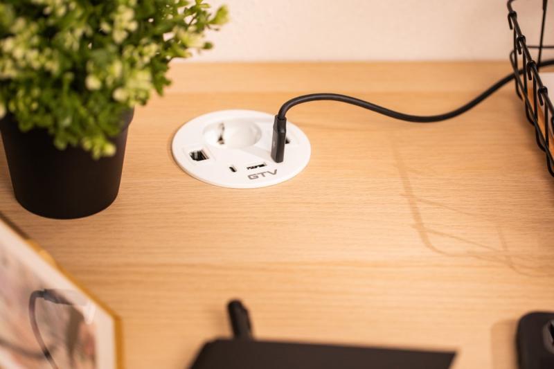 Prise de meuble RONDO, 1xSHUKO, 1xUSB-A, 2xUSB-C, HDMI, câble RJ45 1,5 m, blanc