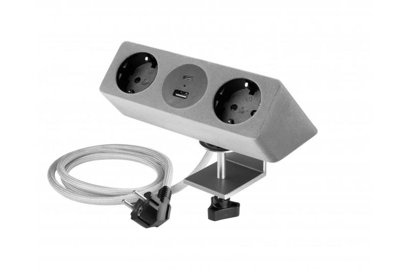 Prise pour meuble SOFITO, 2xSHUKO, USB A+C, câble 1,5 m, gris flocage