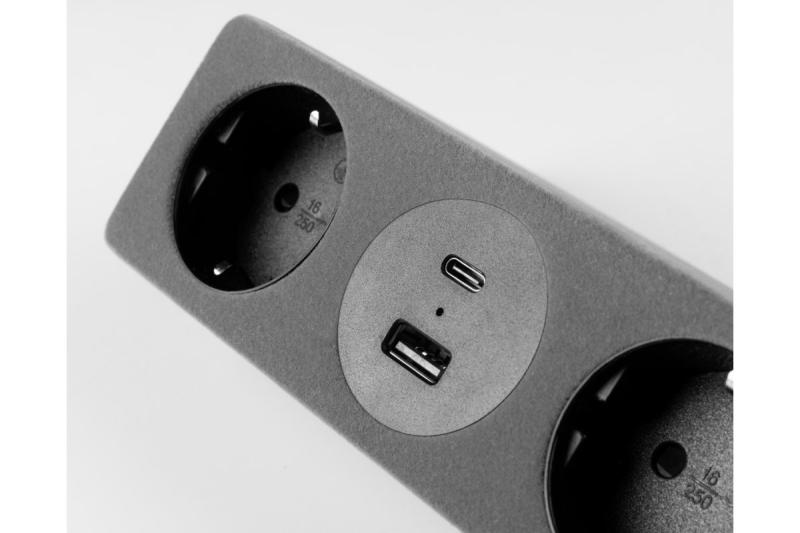 Prise pour meuble SOFITO, 2xSHUKO, USB A+C, câble 1,5 m, gris flocage
