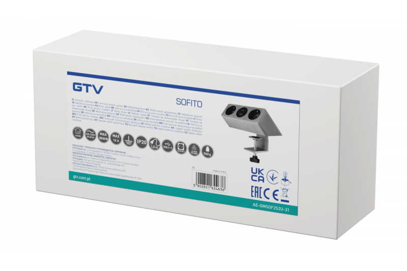 Prise pour meuble SOFITO, 2xSHUKO, USB A+C, câble 1,5 m, gris flocage