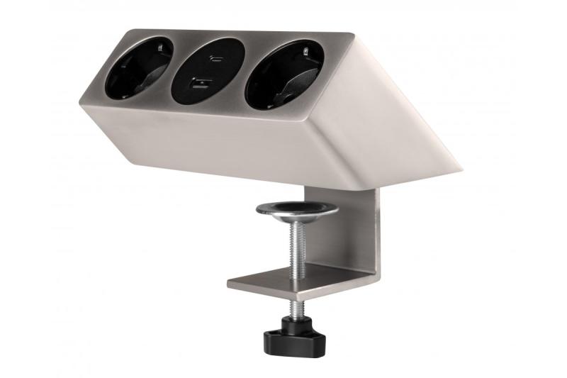 Prise de meuble SOFITO, 2xSHUKO, USB A+C, câble 1,5 m, inox