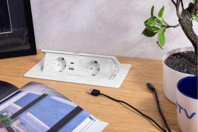 Prise de meuble MULTISOFT, 2xSHUKO, USB A+C, RJ45, câble 1,5 m, blanc