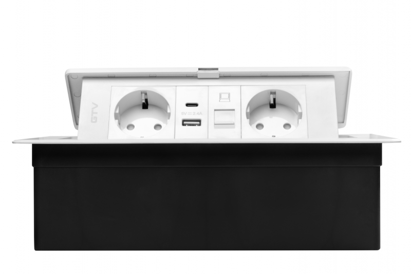 Prise de meuble MULTISOFT, 2xSHUKO, USB A+C, RJ45, câble 1,5 m, blanc