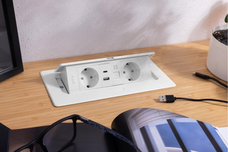 Prise de meuble MULTISOFT, 2xSHUKO, USB A+C, RJ45, câble 1,5 m, blanc