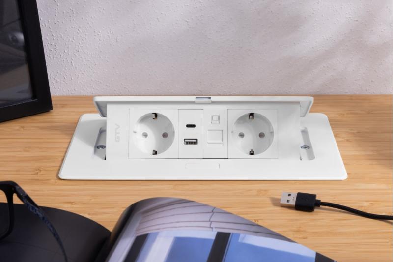 Prise de meuble MULTISOFT, 2xSHUKO, USB A+C, RJ45, câble 1,5 m, blanc