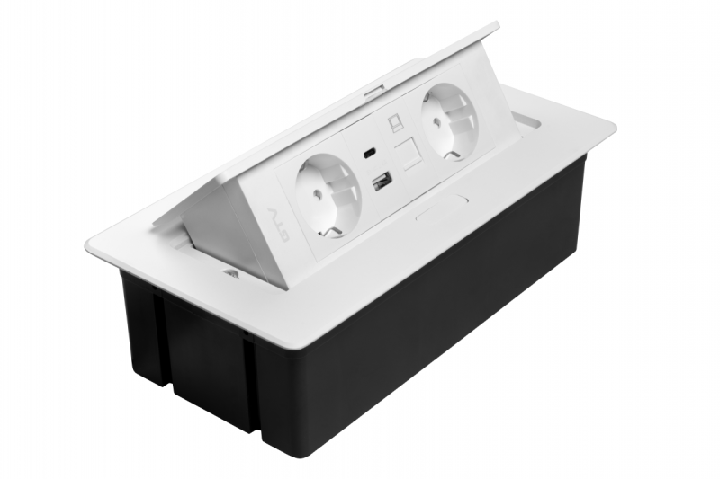 Prise de meuble MULTISOFT, 2xSHUKO, USB A+C, RJ45, câble 1,5 m, blanc