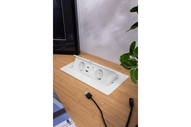 Prise de meuble MULTISOFT, 2xSHUKO, USB A+C, RJ45, câble 1,5 m, blanc
