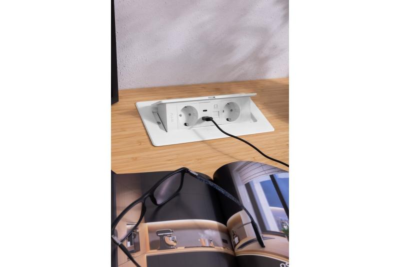 Prise de meuble MULTISOFT, 2xSHUKO, USB A+C, RJ45, câble 1,5 m, blanc