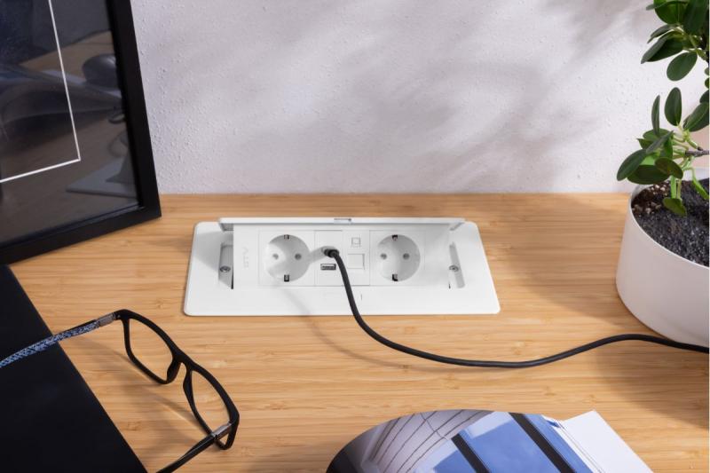 Prise de meuble MULTISOFT, 2xSHUKO, USB A+C, RJ45, câble 1,5 m, blanc