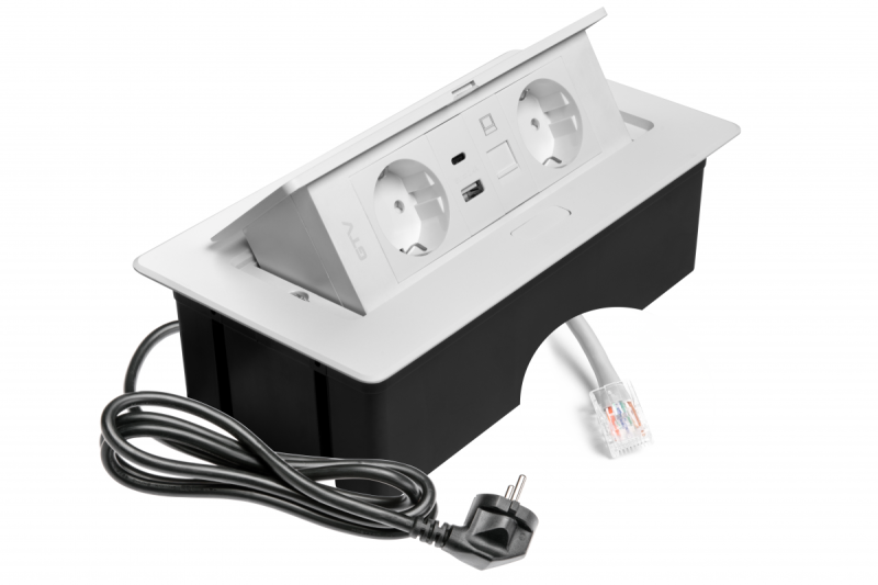 Prise de meuble MULTISOFT, 2xSHUKO, USB A+C, RJ45, câble 1,5 m, blanc