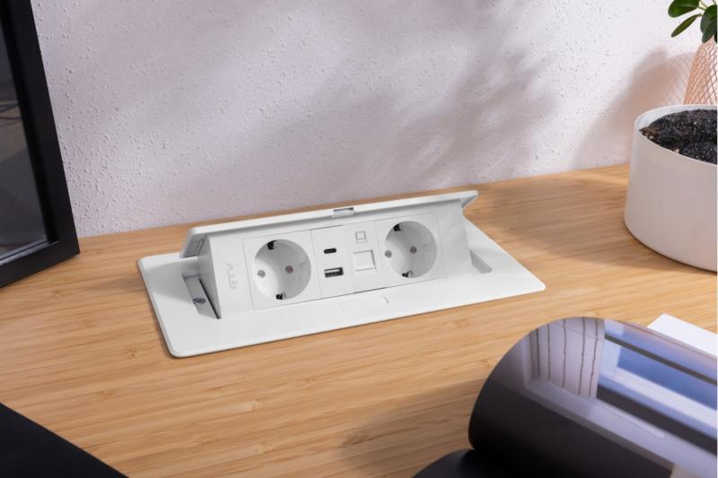 Prise de meuble MULTISOFT, 2xSHUKO, USB A+C, RJ45, câble 1,5 m, blanc