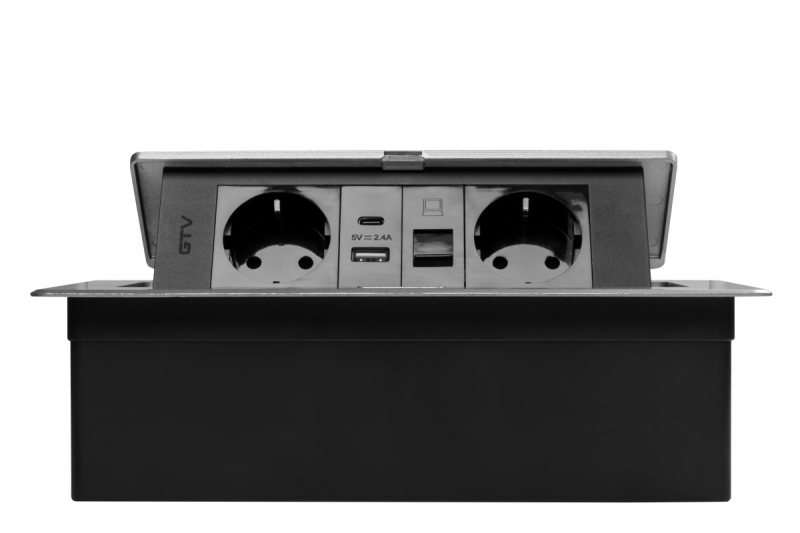 Prise de mobilier MULTISOFT, 2xSCHUKO, USB A+C, RJ45, câble 1,5 m, aluminium