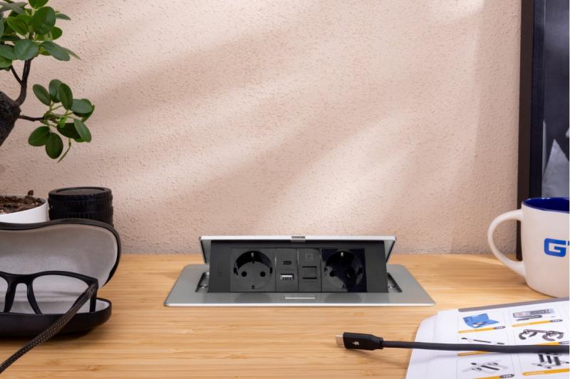 Prise de mobilier MULTISOFT, 2xSCHUKO, USB A+C, RJ45, câble 1,5 m, aluminium