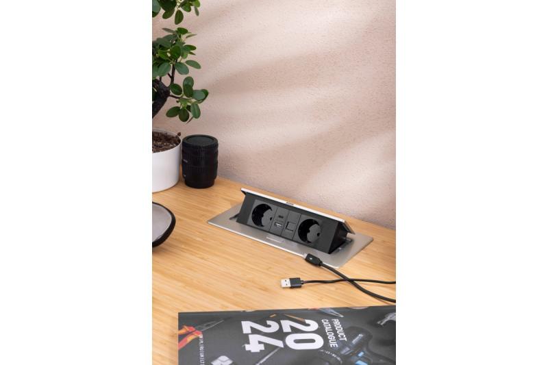 Prise de mobilier MULTISOFT, 2xSCHUKO, USB A+C, RJ45, câble 1,5 m, aluminium