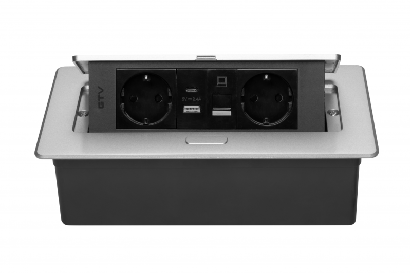 Prise de mobilier MULTISOFT, 2xSCHUKO, USB A+C, RJ45, câble 1,5 m, aluminium