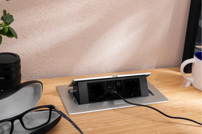 Prise de mobilier MULTISOFT, 2xSCHUKO, USB A+C, RJ45, câble 1,5 m, aluminium