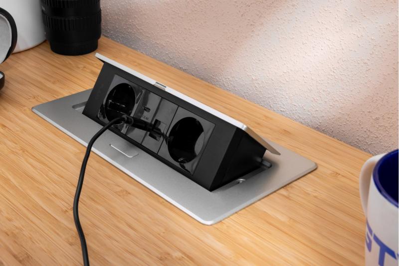 Prise de mobilier MULTISOFT, 2xSCHUKO, USB A+C, RJ45, câble 1,5 m, aluminium