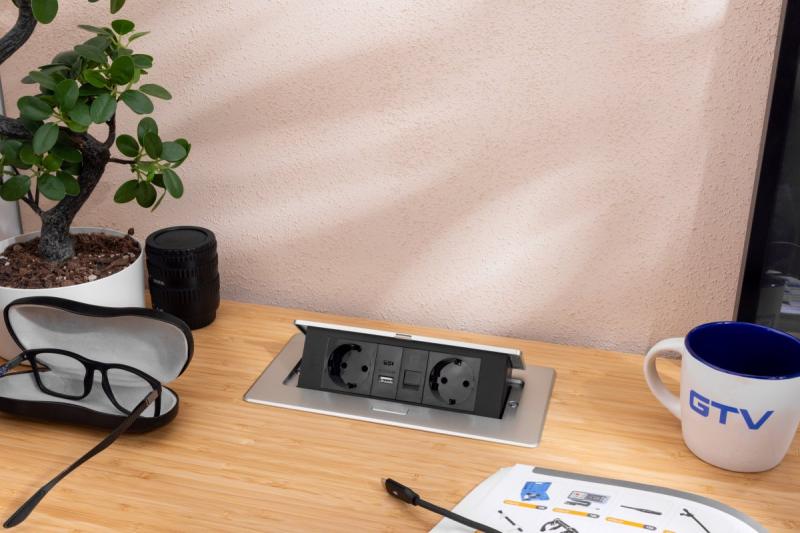 Prise de mobilier MULTISOFT, 2xSCHUKO, USB A+C, RJ45, câble 1,5 m, aluminium