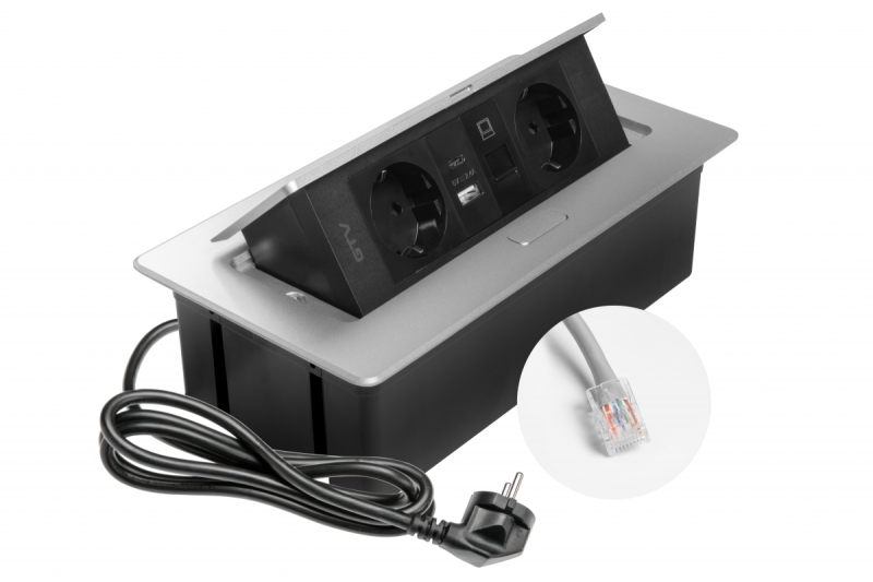 Prise de mobilier MULTISOFT, 2xSCHUKO, USB A+C, RJ45, câble 1,5 m, aluminium