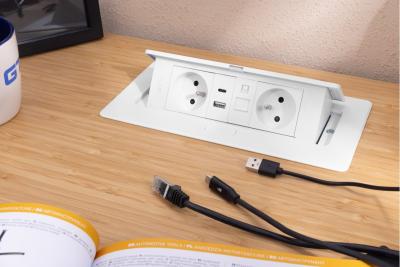 MULTISOFT Prise de meuble 2x Prise avec terre, USB A+C, RJ45, Câble d'alimentation avec fiche, Blanc